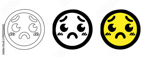 Sad shy pleading emoji icon set vector illustration with outline, solid black and yellow styles, cute blushing face with big eyes collection, emotional reaction symbols for chat, stickers, apps and UI