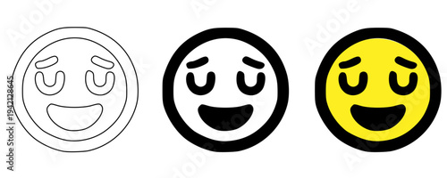 Relaxed happy emoji icon set vector illustration with outline, solid black and yellow styles, calm smiling face collection, peaceful positive emotion symbols for chat, apps, stickers and UI design