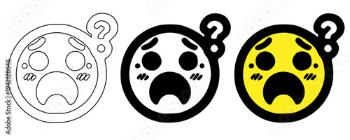 Confused worried emoji icon set vector illustration with outline, solid black and yellow styles, sad face with question mark collection, doubt emotion symbols for chat, stickers, apps and UI design
