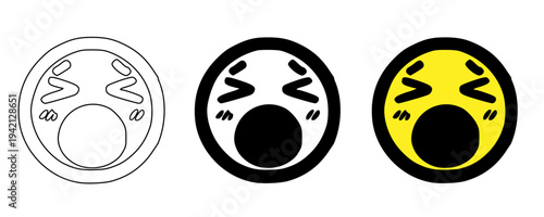 Crying screaming emoji icon set vector illustration with outline, solid black and yellow styles, loud sad face with tears collection, emotional reaction symbols for chat, stickers, apps and UI design