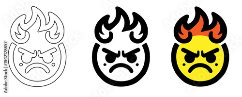Angry fire emoji icon set vector illustration with outline, solid black and yellow styles, furious flaming face collection, rage emotion symbols for chat, stickers, gaming, apps and UI design