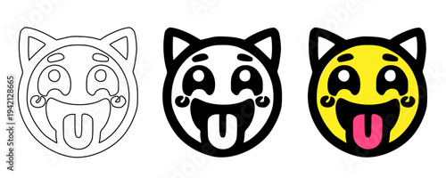 Funny crazy tongue out emoji icon set vector illustration with outline, solid black and yellow styles, playful cartoon animal face collection, silly expression symbols for chat, stickers, apps and UI 
