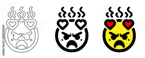 Love sick heart eyes emoji icon set vector illustration with outline, solid black and yellow styles, overheated romantic face collection, funny emotion symbols for chat, stickers, apps and UI design