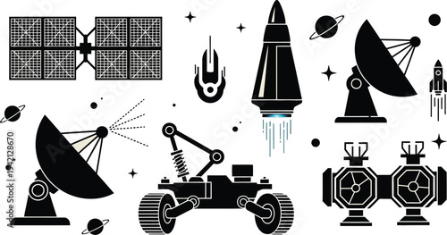 Various black silhouette objects related to space exploration, including satellites, rockets, and planetary rovers, float in.