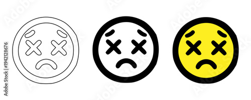 Dead dizzy emoji icon set vector illustration with outline, solid black and yellow styles, crossed eyes sad face collection, exhausted reaction symbols for chat, gaming, stickers and UI design