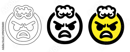 Angry brain emoji icon set vector illustration with outline, solid black and yellow styles, stressed furious face with open head and brain, mental pressure emotion symbols for apps and UI design
