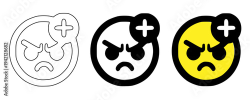Angry injured emoji icon set vector illustration with outline, solid black and yellow styles, hurt face with bandage collection, medical emotion symbols for chat, stickers, apps and UI design