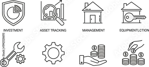A collection of line icons represents essential corporate functions including investment protection, asset tracking, property.