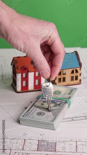 Vertical footage of small house models placed on architectural blueprints with a stack of US dollar cash on the desk. A hand puts house keys near the models, symbolizing property purchase, mortgage