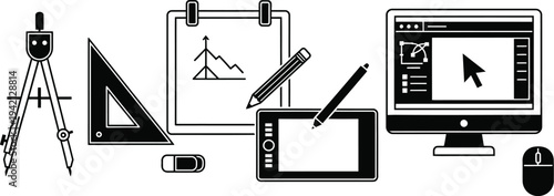 Vector graphics design elements illustration with geometric tools and computer