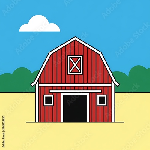 Red barn house in rural landscape.