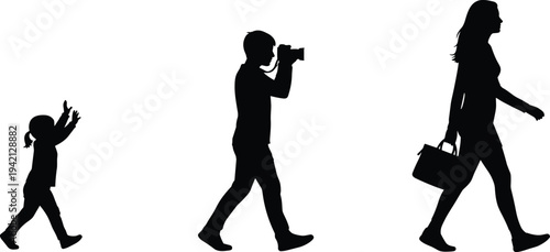 Black silhouette sequence of curious child, street photographer with camera, and elegant woman walking, storytelling about observation and everyday urban life