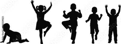 Children silhouette collection showing crawling baby and active kids jumping, celebrating playful childhood energy, growth stages, and joyful movement concept