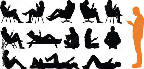 Collection of people using smartphones in different sitting and lying poses silhouette set illustrating mobile addiction social media usage concept