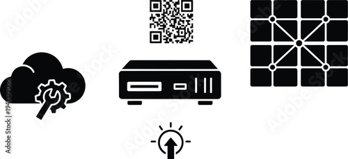 Black and white icons represent cloud computing maintenance, data security, and network connectivity concepts.