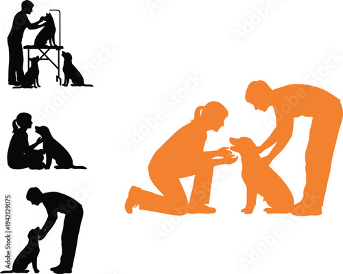 Dog training and pet care silhouettes with trainer and owner interacting with dogs, grooming and bonding moments isolated on white background