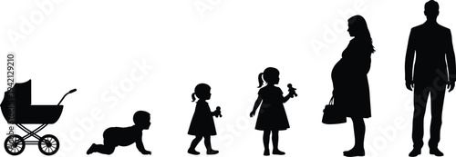 Human life stages silhouette set showing baby stroller, crawling infant, growing child, pregnant woman and adult man isolated on light background