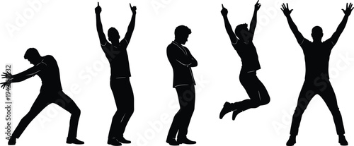 Man celebration and energetic poses silhouette collection showing jumping, cheering and expressive body language isolated on white background success concept