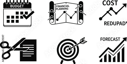 Financial planning symbols illustrate budgeting, cost reduction, goal achievement, and positive forecasting over time.