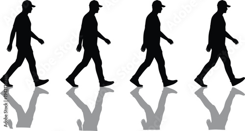 Minimal walking man silhouette sequence with reflective shadow illusion, conceptual motion, journey and hidden danger symbolism isolated on light background