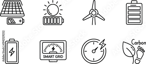 Various energy icons depict renewable power sources like solar panels, wind turbines, and battery storage levels.