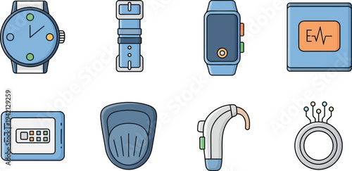 Assortment of blue colored wearable technology and medical device icons are displayed against a white background.