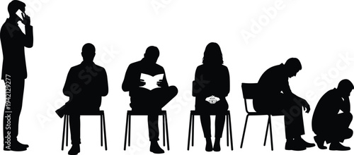 People sitting and waiting silhouette collection showing reading, phone call, thinking, stress and resting poses isolated on light background