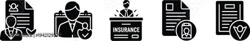 A collection of black and white medical insurance claim and patient record icons are displayed together.