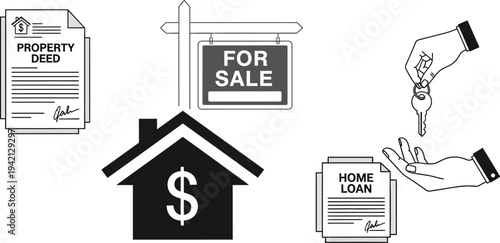 Real estate icons show property documents, a house symbol, a for sale sign, and hands exchanging house keys.