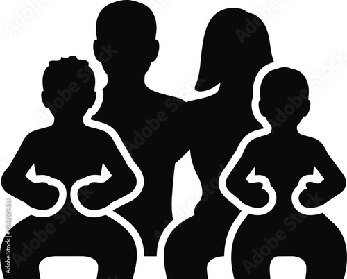 Mother and children silhouette vector illustration showing maternal love and family connection, minimal black and white design for lifestyle, social and educational projects