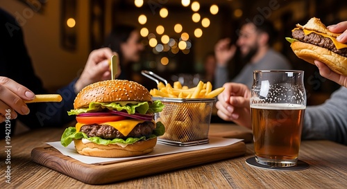 Delicious burger and fries on table.
