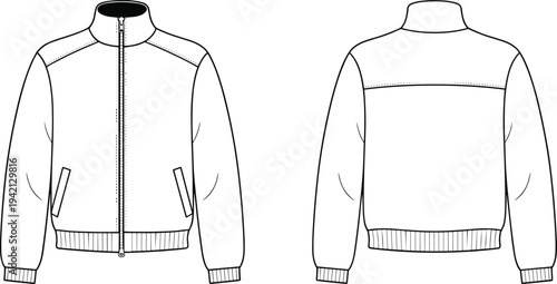 Mens bomber jacket front and back view technical fashion template, zip up casual outerwear mockup with ribbed cuffs hem