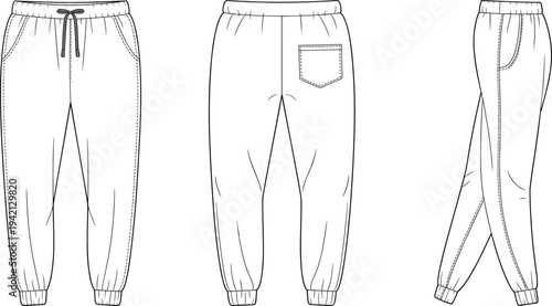 Mens jogger sweatpants front back and side view technical fashion template, casual drawstring track pants with cuffed hem design