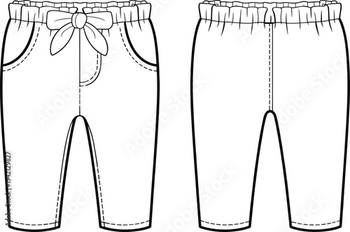 Kids elastic waist pants front and back view technical fashion template, casual children trousers with pockets and bow drawstring