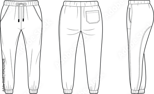 Mens jogger sweatpants front back and side view technical fashion template, casual drawstring track pants with elastic cuff hem