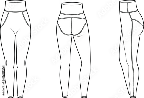 Women high waist sports leggings front back and side view technical fashion template, athletic yoga pants with contour seam design