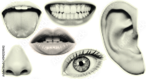 Halftone pop art collage of isolated facial features close up eye ear nose lips tongue with retro dot screen texture