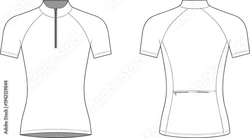 Womens cycling jersey front and back view technical fashion template, short sleeve sports top with half zip and rear pocket