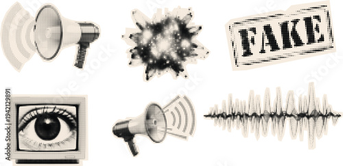 Halftone pop art sticker set with megaphone eye screen soundwave fake stamp and ink burst in vintage beige tone grunge
