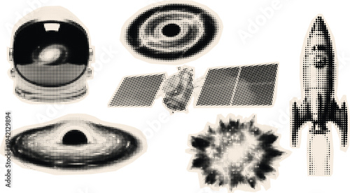 Halftone pop art sticker set with astronaut helmet rocket satellite planets explosion ufo and retro rocket in isolated vector style
