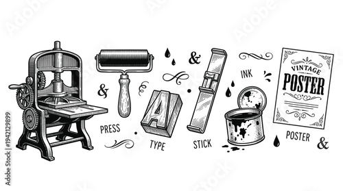 Detailed side-view illustration of historic printing press tools including press, roller, ink, letters, and poster displayed on white backdrop
