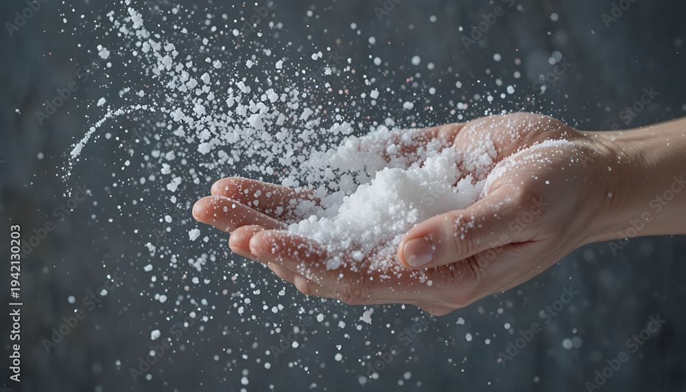 Fototapeta premium A hand holding and sprinkling white powder on a dark background