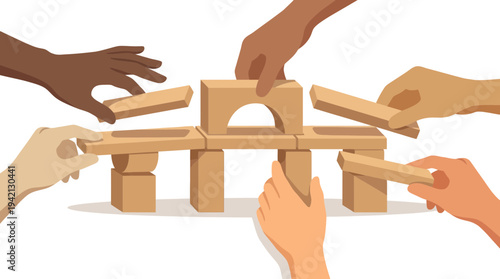 Diverse Hands Collaborating to Build a Wooden Bridge