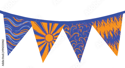 A decorative set of four triangular pennant flags hanging on a string, each featuring a unique hand-drawn style summer pattern in vibrant blue and orange, including sun rays, ocean waves