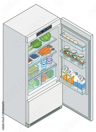 Open Refrigerator with Fresh Food and Drinks in Modern Kitchen