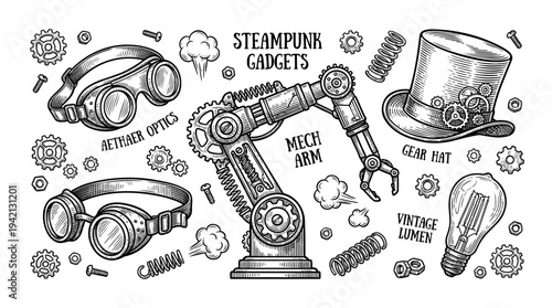 Illustration of steampunk gadgets featuring robotic arm, goggles, and top hat in a vintage industrial setting