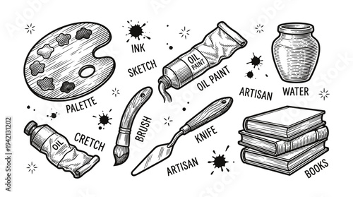 Artistic tools and supplies for creative projects displayed on a clean surface from a direct overhead viewpoint