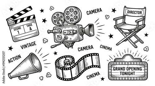 Vintage film elements illustration showcasing cinema, camera, director, action, and grand opening