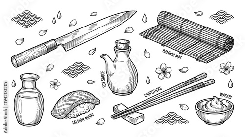 Assorted Japanese cooking utensils and ingredients arranged on a clean surface with a minimalist aesthetic