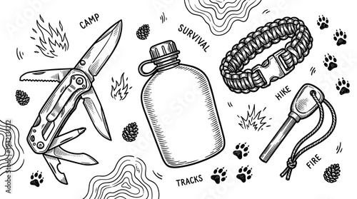 Outdoor survival kit illustration featuring tools and accessories for wilderness camping and adventure